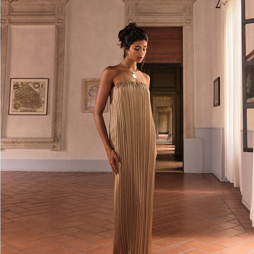 PLT Label Gold Plisse Satin Column Bandeau Maxi Dress